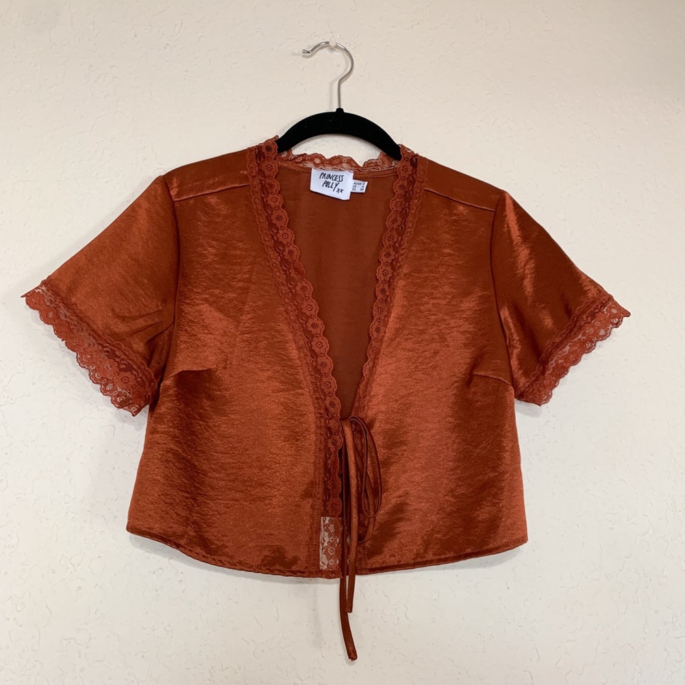 Princess Polly Burnt Orange Front
Tie Lace Cardigan